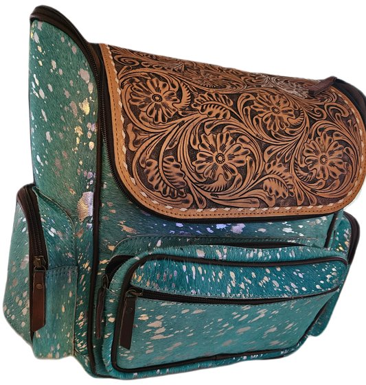 The Embry Turquoise Tooled Cowhide Backpack