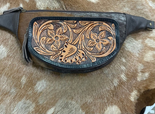 Tooled Leather Cowhide Fanny Bum Sling Bag